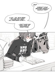  2girls animal_ears belle_(zenless_zone_zero) blush closed_eyes clothes_writing holding holding_pen jane_doe_(zenless_zone_zero) jewelry maiqo monochrome mouse_ears mouse_girl multiple_girls necklace pen short_hair spot_color trembling yuri zenless_zone_zero 