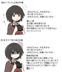  1girl :o ? amakura_mio black_camisole black_eyes bright_pupils brown_hair brown_shirt camera camisole commentary_request cropped_torso fatal_frame fatal_frame_ii:_crimson_butterfly flying_sweatdrops hands_up highres holding holding_camera looking_ahead multiple_views no_pupils parted_lips raised_eyebrows rog_33 shaded_face shirt short_hair simple_background sweatdrop three-quarter_sleeves translated turn_pale upper_body white_background white_pupils 