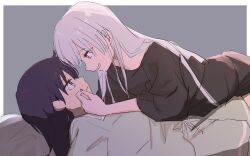  2girls black_shirt blue_eyes cho_kaguya-hime! eye_contact face-to-face from_side green_eyes hand_on_another's_cheek hand_on_another's_face highres ini_yoy light_blush long_hair long_shirt looking_at_another lying lying_on_person multiple_girls on_back one_eye_closed parted_lips profile purple_nails runami_yachiyo sakayori_iroha shirt sketch smile white_hair yuri 