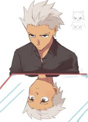  1boy :< archer_(fate) brown_eyes commentary_request dark-skinned_male dark_skin fate/stay_night fate_(series) frown grey_hair highres it's_all_a_matter_of_angle_(meme) male_focus meme mirror nedameman reflection shirt short_hair simple_background solo white_background 