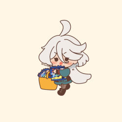  1girl ahoge artist_name basket black_shoes blush blush_stickers commentary_request dress green_dress gundam gundam_suisei_no_majo hair_between_eyes holding holding_basket instant_noodles long_hair long_sleeves miorine_rembran open_mouth pantyhose rizu_(rizunm) shoes simple_background solid_circle_eyes solo suletta_mercury twitter_username walking white_background white_hair 