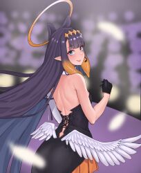  1girl back black_collar black_dress black_gloves blue_eyes blunt_bangs blurry blurry_background blurry_foreground center-flap_bangs collar commentary concert depth_of_field detached_sleeves diamond_hairband dress english_commentary feathered_wings from_behind fur-trimmed_collar fur_trim gloves gold_hairband gradient_hair hairband half_gloves halo headset highres hololive hololive_english long_hair looking_at_viewer looking_back low_wings median_furrow miniskirt multicolored_hair ninomae_ina'nis ninomae_ina'nis_(1st_costume) open_mouth orange_hair orange_skirt pleated_skirt pointy_ears purple_hair ranox short_dress shoulder_blades sidelocks single_detached_sleeve skirt skirt_under_dress smile solo straight_hair strapless strapless_dress tentacle_hair tube_dress very_long_hair virtual_youtuber white_sleeves white_wings wings 