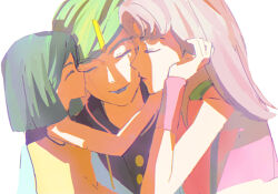  1girl 2boys black_hood blue_hair blue_lips closed_eyes commentary dress family father_and_child father_and_son green_hair hair_ornament hairclip higashikata_jobin higashikata_mitsuba higashikata_tsurugi highres hood hood_down husband_and_wife jojo_no_kimyou_na_bouken jojolion kiss kissing_cheek long_hair makeup medium_hair mother_and_child mother_and_son multiple_boys orange_dress parent_and_child pink_hair short_hair simple_background sleeveless sleeveless_dress smile trap wfed5748 white_background wristband 