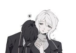  1boy 1girl black_coat black_vest blue_eyes coat coat_on_shoulders commentary_request faust_(project_moon) grey_sweater hand_up korean_commentary lapels limbus_company mangsug12_40 notched_lapels notice_lines parted_lips project_moon ribbed_sweater short_hair speech_bubble squiggle sweater upper_body vest white_hair yi_sang_(project_moon) 