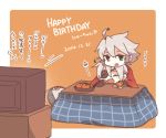  1boy 1girl ahoge blazblue doll eyepatch food fruit jubei_(blazblue) kotatsu mandarin_orange nu-13 ragna_the_bloodedge saria_(tortart) silver_hair table television 