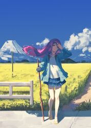  1girl absurdres airool bang_dream! bang_dream!_it's_mygo!!!!! blue_skirt branch chihaya_anon chinese_commentary closed_mouth clouds commentary_request commission day field floating_hair full_body grass hand_on_own_head highres holding holding_branch long_hair long_sleeves looking_at_viewer miniskirt mountainous_horizon outdoors pink_hair power_lines road sandals second-party_source shirt skirt sky smile solo standing summer utility_pole white_shirt 