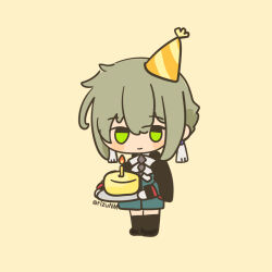  1boy artist_name ascot asticassia_school_uniform black_boots black_jacket blush_stickers boots cake candle closed_mouth commentary_request earrings elan_ceres food full_body gloves green_eyes green_hair gundam gundam_suisei_no_majo hair_between_eyes hat holding holding_plate jacket jewelry long_sleeves looking_at_viewer male_focus medium_hair party_hat plate rizu_(rizunm) school_uniform simple_background solo standing white_ascot white_background white_gloves 