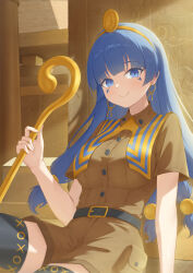  1girl absurdres alexhong1129 ancient_egyptian belt belt_buckle black_belt black_thighhighs blue_eyes blue_hair blunt_bangs breasts brown_shirt brown_shorts buckle button-down_collar buttons closed_mouth collared_shirt cowboy_shot day earrings facial_mark gold_earrings gold_hairband hair_ornament hairband hieroglyphics highres holding holding_scepter jewelry key_earrings large_breasts light_blush long_hair looking_at_viewer mark_under_both_eyes michigami_nareko pillar pocket scepter shadow shirt short_sleeves shorts sitting smile solo sphere_hair_ornament thigh-highs touhou triangle triangle_facial_mark usekh_collar very_long_hair 