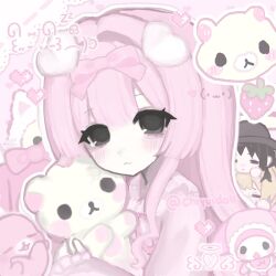  1girl 2000s_(style) :< :3 =_= black_eyes black_hair black_hat blonde_hair blush bow bowtie character_counter_request character_request chiyuidoll closed_eyes closed_mouth emoticon faux_retro_artstyle food fruit gender_request hat heart heart_background highres holding holding_stuffed_toy kaomoji korilakkuma long_hair long_sleeves mamegoma_(san-x) my_melody my_melody_(series) open_mouth pacifier pink_background pink_bow pink_bowtie pink_hair pink_theme pixel_art_inset san-x sanrio seal_(animal) strawberry stuffed_animal stuffed_rabbit stuffed_toy teddy_bear zzz 
