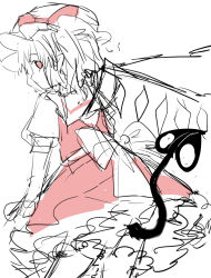  1girl back_bow bow collared_shirt commentary_request crystal crystal_wings demon_tail flandre_scarlet furawast hat hat_bow highres laevatein_(touhou) looking_at_viewer mob_cap one_side_up pointy_ears puffy_short_sleeves puffy_sleeves red_bow red_eyes red_skirt red_vest shirt short_sleeves sketch skirt skirt_set solo tail touhou vest wings 