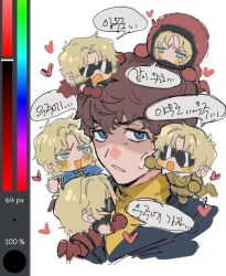  amuro_ray art_program_in_frame blonde_hair blue_eyes brown_hair char_aznable chibi floating gundam headshot korean_commentary korean_text mobile_suit_gundam multiple_boys multiple_expressions quattro_bajeena spacesuit sunglasses turtleneck variations winter_uniform zeta_gundam 