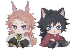  2boys 5edaa animal_ears black_hair black_pants black_socks chibi chibi_only closed_mouth commentary full_body grey_haori hair_between_eyes highres japanese_clothes kikkoumon kimetsu_no_yaiba kimono long_hair low_ponytail male_focus multiple_boys open_mouth orange_hair pants ponytail print_kimono sabito_(kimetsu) sandals simple_background sitting smile socks spiky_hair tail tomioka_giyuu untranslatable_commentary white_background 