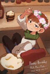  1boy absurdres beer_mug black_eyes black_pants blush bottle brown_hair chair character_name chilchuck_tims closed_mouth commentary_request cup dated dungeon_meshi flower happy_birthday head_wreath highres leaf long_sleeves looking_at_viewer male_focus mug neck_warmer on_chair pants pink_flower piyodein_(katsugo) shirt sitting solo white_shirt 