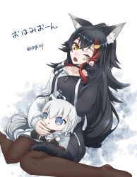  1girl absurdres animal_ear_fluff animal_ears asagi501 black_choker black_hair black_hoodie breasts brown_pantyhose character_doll choker collarbone commentary_request doll dutch_angle grey_background grey_shorts hand_up highres holding holding_doll hololive hood hood_down hoodie long_hair long_sleeves medium_breasts messy_hair multicolored_hair no_shoes one_eye_closed ookami_mio ookami_mio_(hoodie) open_mouth pantyhose red_hair shirakami_fubuki shirakami_fubuki_(1st_costume) short_shorts shorts sitting sleeves_past_wrists solo streaked_hair tail thick_thighs thighs translation_request two-tone_hair two-tone_hoodie virtual_youtuber waking_up wariza white_background white_hoodie wolf_ears wolf_girl wolf_tail 