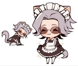  1boy :3 :d ^_^ adjusting_clothes animal_ears aotsuki_eito apron black_dress cat_boy cat_ears cat_tail chibi chibi_only cleaning_rag closed_eyes commentary crossdressing crossdressing_(mtf) dress english_commentary enmaided facing_viewer full_body furry gloves grey_hair highres maid maid_apron maid_headdress male_focus male_maid multiple_views short_hair simple_background smile smultronte sparkle sunglasses tail the_hundred_line_-last_defense_academy- white_background 