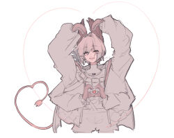  1girl absurdres arknights bird_girl black_feathers blush cable cable_tail closed_eyes electric_plug electric_plug_tail extra_arms feathers flower gloves grey_hair hair_flower hair_ornament head_wings heart heart_arms heart_hands heart_tail highres mechanical_tail ottyame ottyame1 raidian_(arknights) short_hair simple_background smile solo tail white_background wings 
