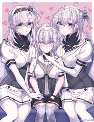  3girls aged_down black_gloves black_skirt blue_eyes blush bodysuit breasts clone clothes_writing commentary_request dated fuyutsuki_(kancolle) girl_sandwich gloves grey_hair grey_neckerchief hachimaki hair_between_eyes hand_on_another's_chin headband headgear heart highres kabocha_torute kantai_collection long_hair miniskirt multiple_girls neckerchief one_side_up own_hands_together parted_lips pleated_skirt sailor_collar sandwiched school_uniform serafuku short_sleeves sitting skirt smile suzutsuki_(kancolle) sweat white_bodysuit white_neckerchief white_sailor_collar white_skirt yuri 