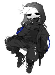  1boy :d alternate_costume animification eddsworld fangs fingerless_gloves full_body gloves greyscale highres hollow_eyes hood hood_up hooded_jacket jacket jitome k3vccitq long_sleeves male_focus mask mask_pull monochrome mouth_mask open_clothes open_jacket painttool_sai_(medium) pants shirt shoes short_hair simple_background sitting sketch smile sneakers solo spiky_hair spot_color techwear third-party_source tom_(eddsworld) turtleneck turtleneck_shirt white_background 