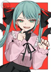  1girl aqua_eyes aqua_hair bat_wings black_nails black_skirt border commentary_request detached_wings fangs hatsune_miku highres jewelry long_hair looking_at_viewer mask mouth_mask nail_polish outside_border pink_shirt red_background ring shirt simple_background skirt solo twintails ussame vampire vampire_(vocaloid) vocaloid white_border wings 