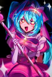  1girl aqua_hair bow bow_hairband bowtie commentary dress hairband hatsune_miku highres hlk8fa holding holding_staff ima_sugu_rinne_(vocaloid) long_hair looking_at_viewer magical_girl open_mouth pink_bow pink_bowtie pink_dress pink_hairband solo sparkle sparkling_aura staff star-shaped_pupils star_(symbol) striped_bow striped_bowtie striped_clothes symbol-shaped_pupils two-tone_bow two-tone_bowtie vocaloid white_bow white_bowtie 