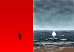  2boys beach black_hair black_jacket black_pants clouds cloudy_sky full_body gintama highres ikusaaaaaaa jacket japanese_clothes kimono male_focus multiple_boys ocean outdoors pants polar_opposites red_background sakata_gintoki samurai sky split_screen split_theme standing takasugi_shinsuke wading waves white_hair white_kimono wide_sleeves 