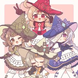  4girls ahoge aqua_gem black_gloves blonde_hair blush bow bowtie brown_bow brown_eyes brown_gloves brown_hair closed_eyes commentary_request cosplay double_v dress gem genshin_impact gloves green_bow green_bowtie green_gem green_hat green_ribbon hair_between_eyes hair_bow hair_ribbon hands_up hat highres klee_(blossoming_starlight)_(genshin_impact) klee_(genshin_impact) klee_(genshin_impact)_(cosplay) looking_at_viewer mochida multiple_girls official_alternate_costume ofuda ofuda_on_head one_eye_closed open_mouth orange_bow orange_bowtie orange_ribbon parted_lips purple_bow purple_hat qiqi_(genshin_impact) red_bow red_bowtie red_eyes red_gem red_hat red_ribbon ribbon sayu_(genshin_impact) thigh-highs v white_thighhighs witch_hat yaoyao_(genshin_impact) 
