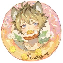  1boy ahoge animal_ear_fluff blue_eyes blush commentary dandelion doughnut flower food hyena_boy hyena_ears kuzuvine messy_hair mouth_hold nostrils ponytail ruggie_bucchi short_hair spiky_hair twisted_wonderland untranslatable_commentary white_background 