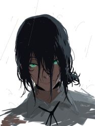  0mou_art 1girl artist_name black_choker black_ribbon chainsaw_man choker collared_shirt commentary green_eyes grenade_pin hair_between_eyes highres long_hair looking_at_viewer neck_ribbon portrait purple_hair rain reze_(chainsaw_man) ribbon shirt simple_background solo split_mouth staring untranslatable_commentary wet wet_hair white_background white_shirt 