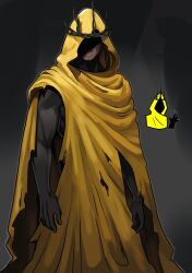  1other ambiguous_gender cloak commentary crown dark_skin english_commentary highres hood hood_up hooded_cloak other_focus partially_shaded_face realistic searching_for_a_world_that_doesn't_exist smirk solo strandpeach the_king_in_yellow_(searching_for_a_world_that_doesn't_exist) torn_cloak torn_clothes 