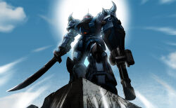  building cable clouds cloudy_sky commentary_request damaged dtcy gatling_gun gouf gouf_custom gundam gundam_08th_ms_team lens_flare light_rays mecha one-eyed_mecha radio_antenna reveal robot scene_reference shield shoulder_spikes sky spikes sun sunbeam sunlight sword weapon zeon 