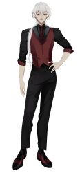  1boy a_date_with_death absurdres bishounen black_shirt casper_(a_date_with_death) collared_shirt dress_shoes formal_clothes game_asset hair_between_eyes hair_over_shoulder hand_on_own_hip highres jellyfish_cut lapel_chain large_variant_set long_sleeves looking_at_viewer male_focus necktie non-web_source official_art open_mouth red_eyes red_necktie red_vest self-datamine shirt solo straight-on tachi-e teeth transparent_background upper_teeth_only variant_set vest white_hair 