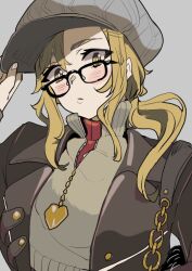  1girl adjusting_clothes adjusting_headwear black-framed_eyewear brown_eyes brown_hair brown_jacket commentary glasses grey_background grey_hat grey_sweater hand_on_headwear hat highres jacket long_hair looking_at_viewer low_ponytail melania_(reverse:1999) muu_(d-muu) newsboy_cap ponytail reverse:1999 solo sweater untranslatable_commentary upper_body 