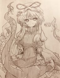 2girls absurdres bow closed_mouth commentary_request efukei frilled_bow frilled_sleeves frills gap_(touhou) gloves gohei hair_bow hair_tubes hakurei_reimu hat hat_ribbon highres long_hair long_sleeves looking_at_viewer mob_cap multiple_girls ribbon smile solo_focus tabard touhou traditional_media wide_sleeves yakumo_yukari 