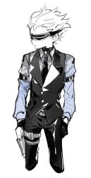  1boy adapted_costume alcohol animification arm_strap bad_id bad_twitter_id belt blue_shirt choker collared_shirt cropped_legs eddsworld expressionless flask future_tom_(eddsworld) gloves hand_in_pocket head-mounted_display hip_flask holding holding_flask inactive_account k3vccitq long_sleeves male_focus necktie painttool_sai_(medium) pants shirt short_hair simple_background sketch solo spiky_hair spot_color thigh_strap tom_(eddsworld) vest white_background 