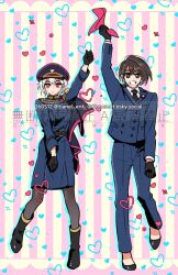  2girls amatsumi_inori aohitsugi_nemu belt belt_buckle black_boots black_gloves boots bow breast_pocket brown_eyes brown_hair buckle buttons capelet full_body gloves hair_bow heart high_heels hypnosis_mic hypnosis_mic:_rule_the_stage jacket kotonohatoh_uniform long_sleeves medium_hair multiple_girls necktie pant_suit pants pantyhose pocket red_eyes suit teeth tianel_ent white_hair 