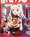  bangs black_hair bowtie chopsticks door dress egg food hair_ornament hairband hat heart holding idolmaster idolmaster_million_live! inside long_hair looking_at_viewer mogami_shizuka official_art plate restaurant santa_costume santa_hat shijou_takane silver_hair sitting sleeveless solo_focus standing star star-shaped_pupils stove symbol-shaped_pupils table text very_long_hair window wristband 