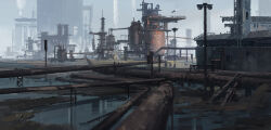  building distillation_column highres hutao_li industrial industrial_pipe lamppost no_humans original puddle scenery sky 