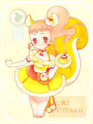  1girl animal_ears arisugawa_himari character_name choker commentary_request cure_custard dress earrings elbow_gloves extra_ears food food-themed_hair_ornament gloves hair_ornament holding holding_plate jewelry kirakira_precure_a_la_mode long_hair looking_at_viewer magical_girl nene_(oneoneo13) orange_hair photo_inset plate precure pudding pudding_hair_ornament side_ponytail sidelocks simple_background smile solo squirrel_ears squirrel_girl squirrel_tail tail yellow_background yellow_dress 