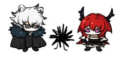  1girl 2boys animal_ears animalization arknights black_coat black_jacket black_shirt cat_boy cat_ears chibi coat demon_horns fur_coat hair_between_eyes highres horns jacket long_hair looking_at_another multiple_boys no_(xpxz7347) red_hair sea_urchin shirt short_hair silverash_(arknights) surtr_(arknights) thorns_(arknights) violet_eyes white_background white_hair 
