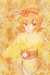  1girl aizen_(syoshiyuki) commentary_request heartcatch_precure! highres japanese_clothes kimono looking_at_viewer myoudouin_itsuki obi one-hour_drawing_challenge orange_eyes orange_hair precure sash short_hair smile solo upper_body yellow_kimono yukata 