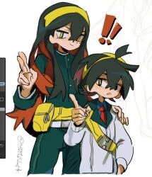  ! !! 1boy 1girl arrcticc_fish art_program_in_frame bag black_hair brother_and_sister brown_eyes carmine_(pokemon) collared_shirt crossed_bangs hair_between_eyes hairband hand_on_another's_shoulder index_finger_raised jacket kieran_(pokemon) long_hair long_sleeves looking_at_viewer mole mole_under_eye multicolored_hair pants parted_lips pokemon pokemon_scarlet_and_violet red_hair salute shirt siblings simple_background sketch smile two-finger_salute white_background yellow_bag yellow_eyes yellow_hairband 