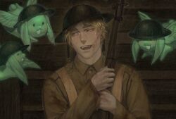  1boy animal_ears animal_nose artist_name axis_powers_hetalia blonde_hair blood blood_on_clothes bolt_action british_army brown_jacket buttons collared_jacket creature fangs feathered_wings flying green_eyes gun hands_up helmet highres holding holding_gun holding_weapon jacket lips long_sleeves looking_at_another male_focus military military_jacket military_uniform night open_mouth outdoors p14_enfield pocket rabbit_ears rabbit_tail rain revormee rifle short_hair solo_focus tail teeth trench united_kingdom_(hetalia) upper_body war weapon wet wet_hair wings world_war_i 