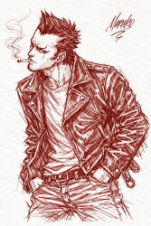  1boy alternate_costume brady_(fire_emblem) contemporary fire_emblem fire_emblem_awakening hands_in_pockets highres jacket looking_to_the_side redpenchaos scar scar_across_eye scar_on_face smoking spiky_hair 
