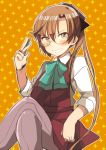  1girl akigumo_(kantai_collection) bespectacled blush bowtie brown_hair crossed_legs glasses green_eyes grin kantai_collection long_ponytail long_sleeves oomori_(kswmr) pantyhose pencil sitting smile 