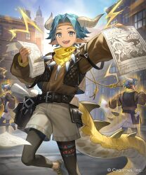  1boy belt belt_buckle belt_pouch black_belt blue_hair brown_jacket brown_shirt brown_shoes buckle burnite_(shadowverse:_worlds_beyond) commentary_request copyright_name dragon_boy dragon_horns dragon_tail dragonewt_promoter fujie-yz highres holding_flyer horns jacket jewelry long_sleeves looking_at_viewer multiple_views neckerchief necklace official_art open_clothes open_jacket open_mouth outdoors parted_bangs pointy_ears pouch shadowverse shadowverse:_worlds_beyond shirt shoes short_hair shorts smile tail teeth town upper_teeth_only white_shorts yellow_eyes yellow_neckerchief 