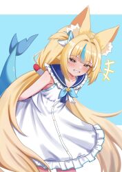  +++ 1girl ahoge animal_ear_fluff animal_ears arms_behind_back blue_background blue_eyes blue_sailor_collar blue_streaks blunt_bangs blush border bra bra_peek cat_ears dress fins fish_tail frilled_dress frilled_sailor_collar frills hair_intakes highres indie_virtual_youtuber leaning_forward lifebuoy_hair_ornament looking_at_viewer multicolored_hair parted_lips sailor_collar sameko_saba sameko_saba_(1st_costume) sharkudon sidelocks single_hair_streak smile solo standing streaked_hair tail twintails underwear virtual_youtuber white_border 