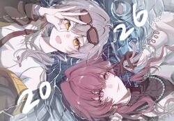  2026 2girls bare_shoulders black-framed_eyewear black_jacket black_sweater breasts brown-tinted_eyewear brown_ribbon closed_mouth commentary day dress eyelashes eyewear_on_head flower grey_hair hair_between_eyes hair_flower hair_ornament hand_up highres honkai:_star_rail honkai_(series) jacket jewelry kafka_(good_me)_(honkai:_star_rail) kafka_(honkai:_star_rail) lapels long_hair long_sleeves looking_at_viewer looking_up low_ponytail lying medium_breasts multiple_girls necklace official_alternate_costume on_back open_clothes open_jacket open_mouth outdoors pink_lips pink_pupils ponytail puffy_long_sleeves puffy_sleeves purple_hair ribbon rose sidelocks sleeveless sleeveless_dress smile stelle_(honkai:_star_rail) stelle_(world_tour_2023)_(honkai:_star_rail) sunglasses sweater tinted_eyewear trailblazer_(honkai:_star_rail) turtleneck turtleneck_dress turtleneck_sweater two-sided_fabric two-sided_jacket upper_body violet_eyes water wavy_hair white_dress white_flower white_jacket white_rose yellow_eyes yellow_jacket yunzhongxing 