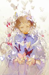  1girl bangle blue_eyes blue_ribbon bracelet brown_hair bug butterfly chinese_commentary commentary_request dress dress_ribbon fingernails highres jewelry long_sleeves looking_at_viewer muyihui original parted_hair parted_lips pink_nails red_butterfly ribbon short_hair simple_background solo upper_body white_background white_butterfly white_dress 