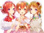  3girls alternate_eye_color blush brown_hair fur hair_ornament hoshizora_rin japanese_clothes kanzashi kimono koizumi_hanayo looking_at_viewer love_live!_school_idol_project multiple_girls nishikino_maki orange_hair redhead short_hair simple_background smile violet_eyes white_background yadapot 