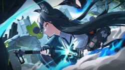  1girl 3d absurdres animal_ear_fluff animal_ears aqua_jacket black_gloves black_hair black_necktie breasts closed_mouth clouds cloudy_sky ethereal_(zenless_zone_zero) fingerless_gloves fox_ears fox_girl from_side gauntlets gloves highres holding holding_sword holding_weapon hoshimi_miyabi ingyuarts jacket katana long_hair necktie outdoors red_eyes sheath shirt single_fingerless_glove single_gauntlet sky sword tailless_(zenless_zone_zero) unsheathing weapon white_shirt zenless_zone_zero 